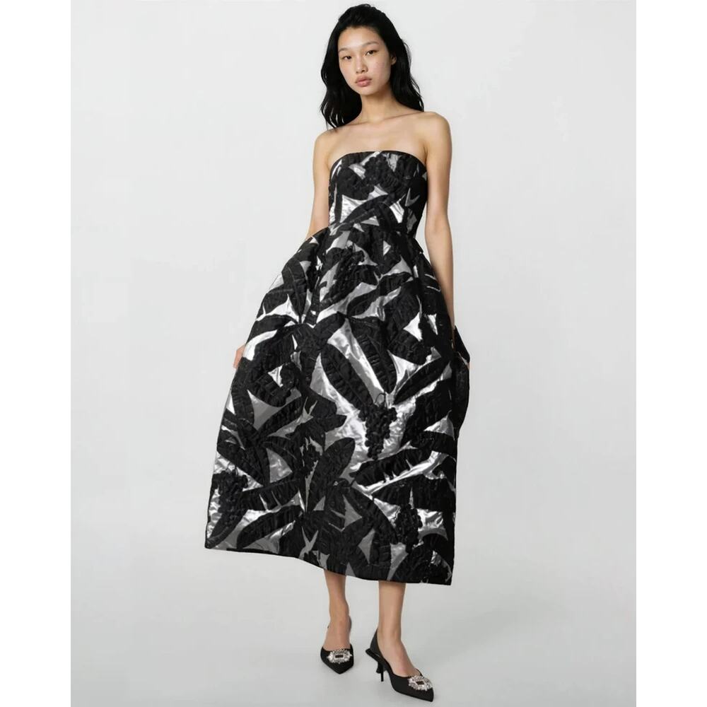 Oscar de la Renta Black Strapless Jacquard Midi Dress Size 2